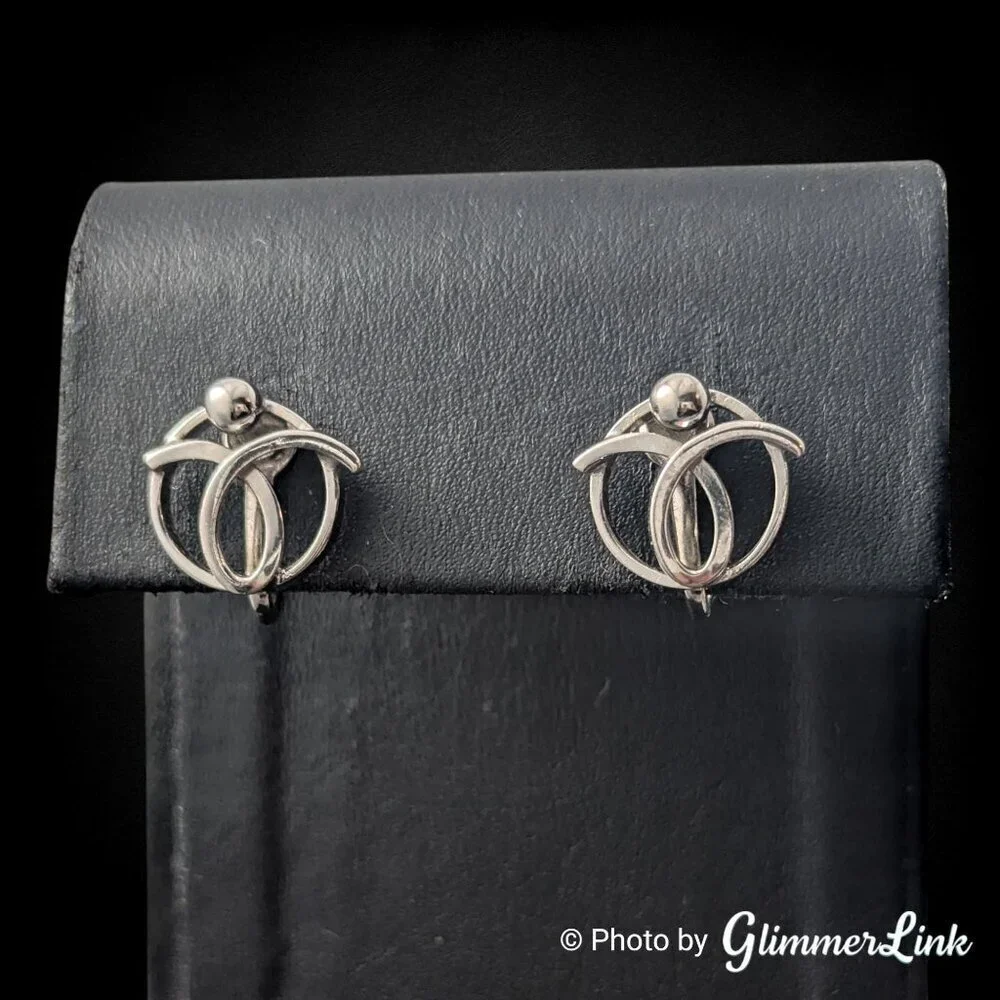 Vintage 1950s Alice Silver Tone Modernist Screw Back Earrings Signed